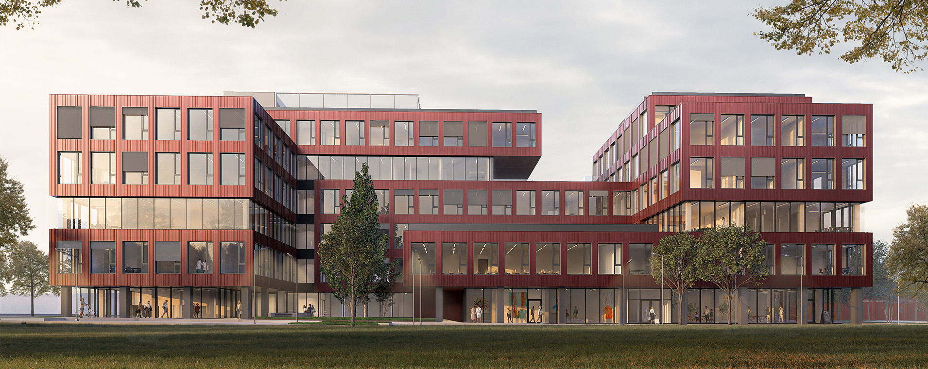 Gesundheits- und Bürozentrum am Schanzenberg in Saarbrücken, entworfen von Bottler Lutz Architekten. Der moderne Gesundheits- und Bürobau zeichnet sich durch eine klare Fassadensprache aus Glas und Stahl aus und ist Teil der zeitgenössischen Stadtentwicklung in Saarbrücken. Visualisierung von Bottler_Lutz Architekten BDA.