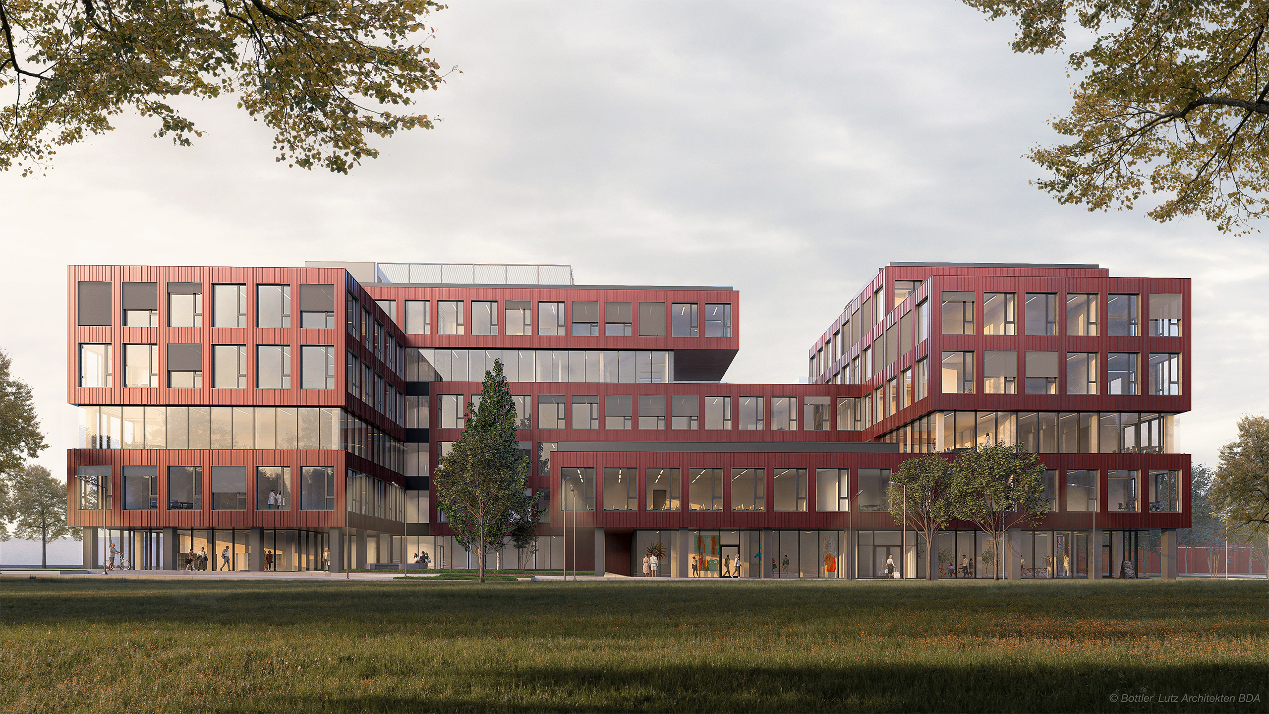 Gesundheits- und Bürozentrum am Schanzenberg in Saarbrücken, entworfen von Bottler Lutz Architekten. Der moderne Gesundheits- und Bürobau zeichnet sich durch eine klare Fassadensprache aus Glas und Stahl aus und ist Teil der zeitgenössischen Stadtentwicklung in Saarbrücken. Visualisierung von Bottler_Lutz Architekten BDA.