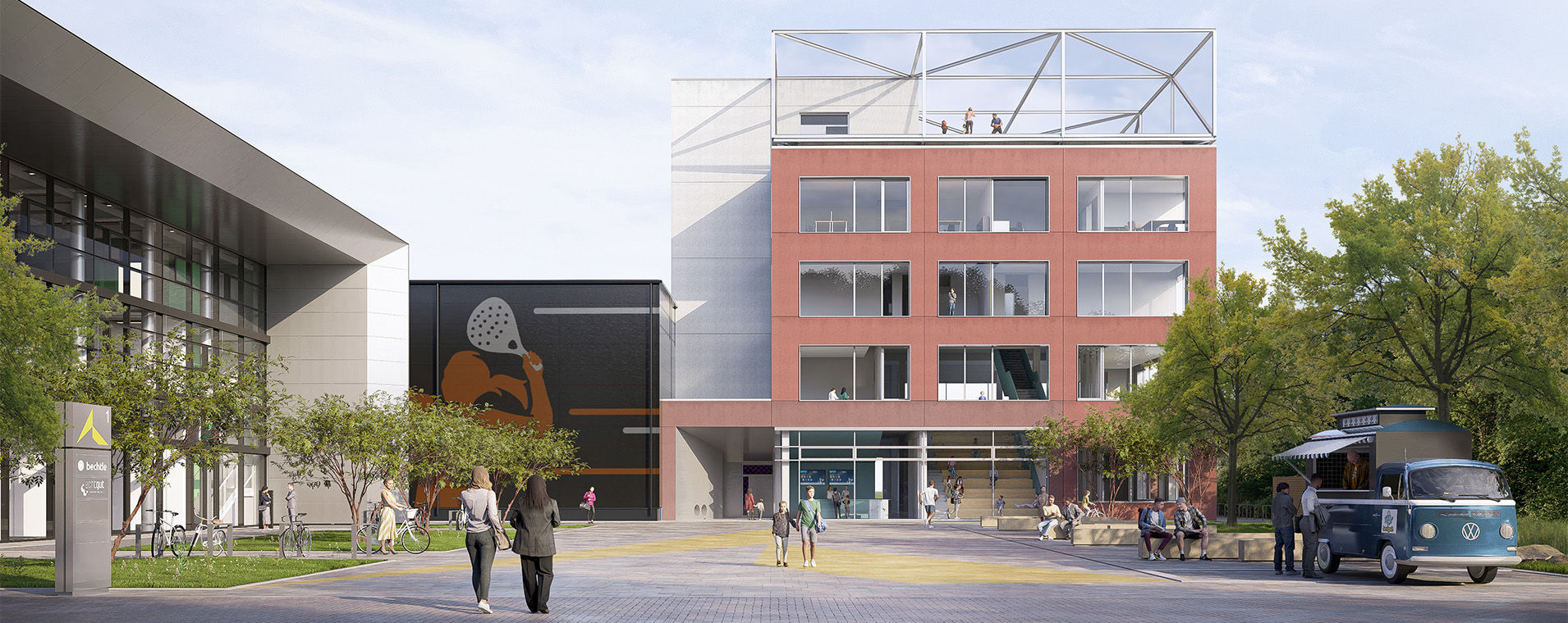 Bildungsszentrums am Schanzenberg in Saarbrücken, entworfen von Bottler Lutz Architekten. Der moderne Bildungsbau zeichnet sich durch eine klare Fassadensprache aus Glas und Stahl aus und ist Teil der zeitgenössischen Stadtentwicklung in Saarbrücken. Visualisierung von Bottler_Lutz Architekten BDA.