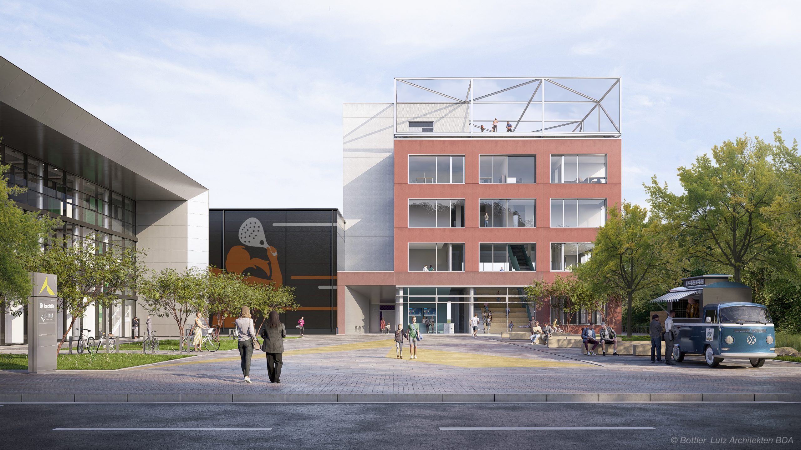 Bildungsszentrums am Schanzenberg in Saarbrücken, entworfen von Bottler Lutz Architekten. Der moderne Bildungsbau zeichnet sich durch eine klare Fassadensprache aus Glas und Stahl aus und ist Teil der zeitgenössischen Stadtentwicklung in Saarbrücken. Visualisierung von Bottler_Lutz Architekten BDA.