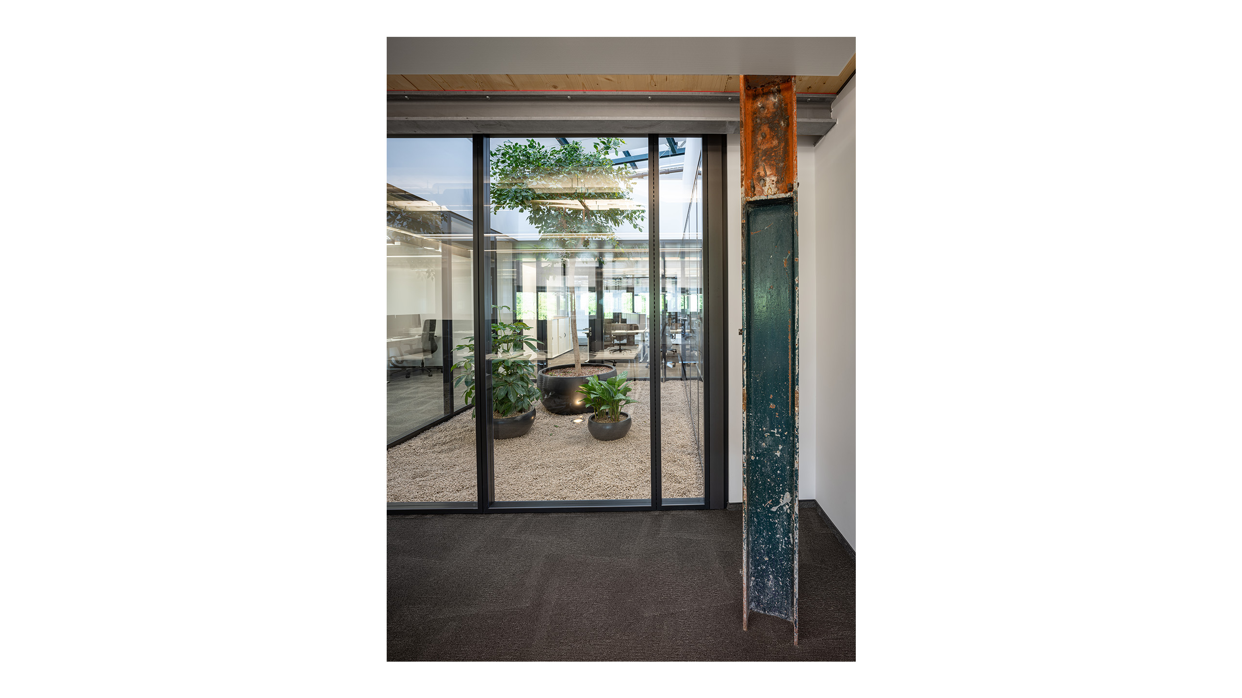 NOVA 10 in Neufahrn bei München – Revitalisierung einer ehemaligen Produktionshalle zu einer modernen, lebendigen Bürolandschaft durch Bottler_Lutz Architekten BDA, München. Das Projekt steht beispielhaft für hochwertiges Bauen im Bestand und zeigt die Transformation industrieller Architektur in flexible, zeitgemäße Arbeitsräume. Fotografie: Michael Heinrich.