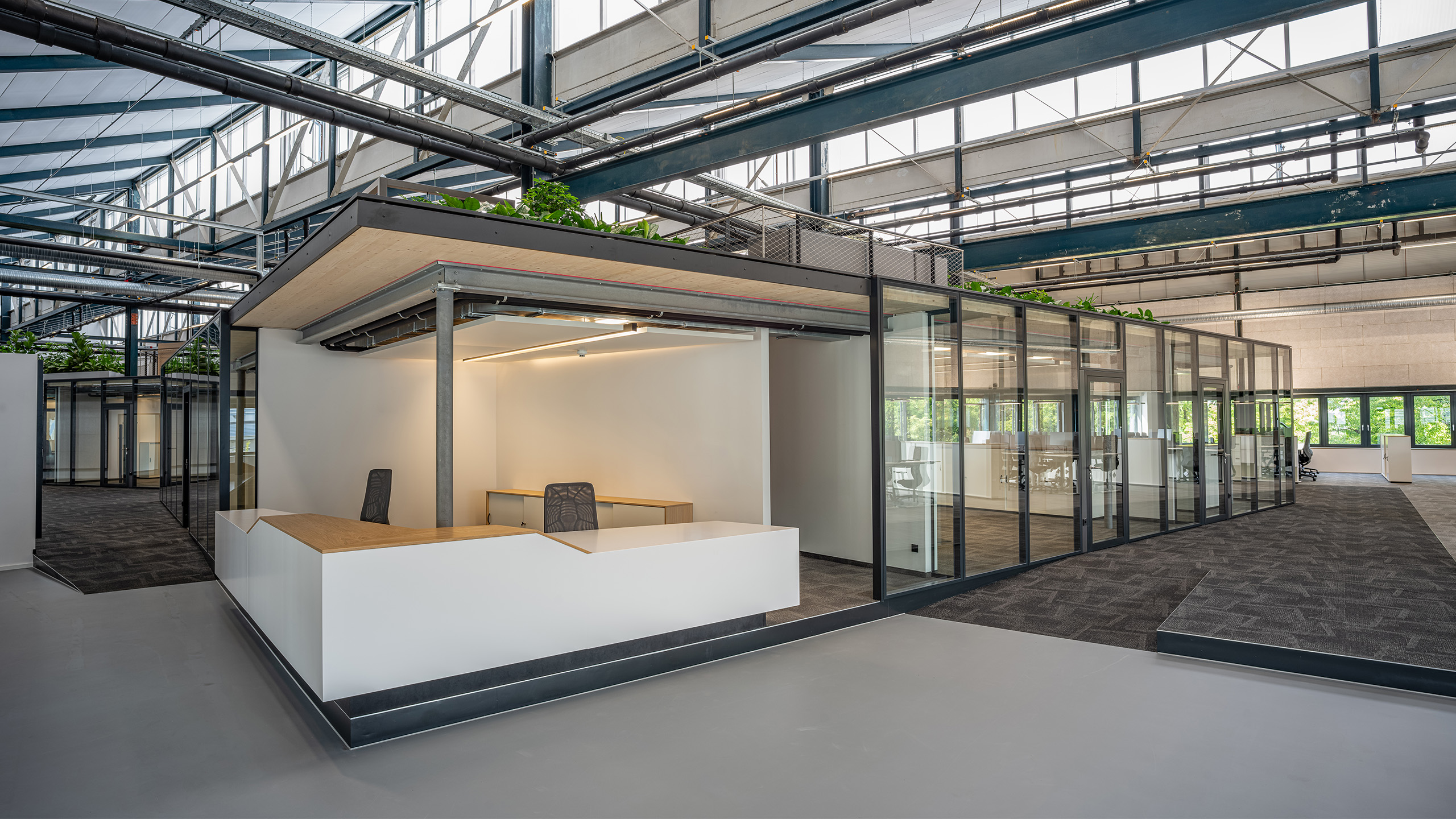 NOVA 10 in Neufahrn bei München – Revitalisierung einer ehemaligen Produktionshalle zu einer modernen, lebendigen Bürolandschaft durch Bottler_Lutz Architekten BDA, München. Das Projekt steht beispielhaft für hochwertiges Bauen im Bestand und zeigt die Transformation industrieller Architektur in flexible, zeitgemäße Arbeitsräume. Fotografie: Michael Heinrich.