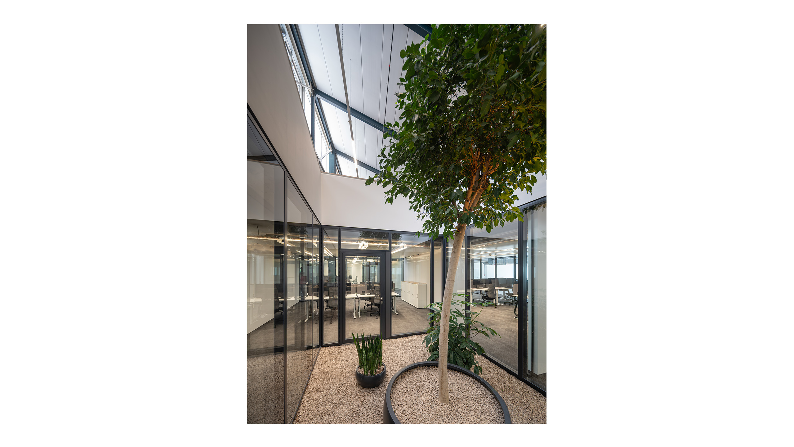 NOVA 10 in Neufahrn bei München – Revitalisierung einer ehemaligen Produktionshalle zu einer modernen, lebendigen Bürolandschaft durch Bottler_Lutz Architekten BDA, München. Das Projekt steht beispielhaft für hochwertiges Bauen im Bestand und zeigt die Transformation industrieller Architektur in flexible, zeitgemäße Arbeitsräume. Fotografie: Michael Heinrich.