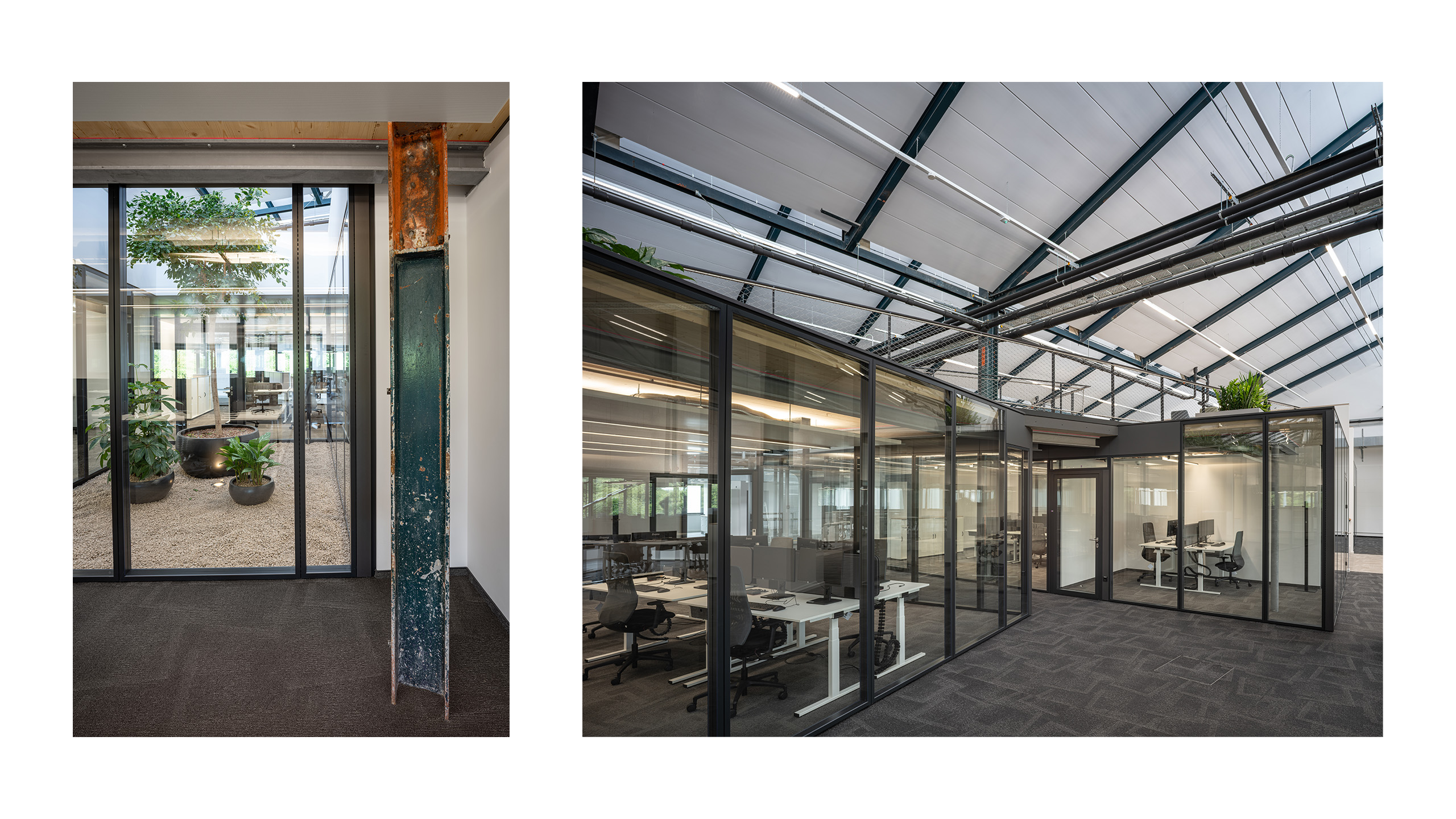 NOVA 10 in Neufahrn bei München – Revitalisierung einer ehemaligen Produktionshalle zu einer modernen, lebendigen Bürolandschaft durch Bottler_Lutz Architekten BDA, München. Das Projekt steht beispielhaft für hochwertiges Bauen im Bestand und zeigt die Transformation industrieller Architektur in flexible, zeitgemäße Arbeitsräume. Fotografie: Michael Heinrich.