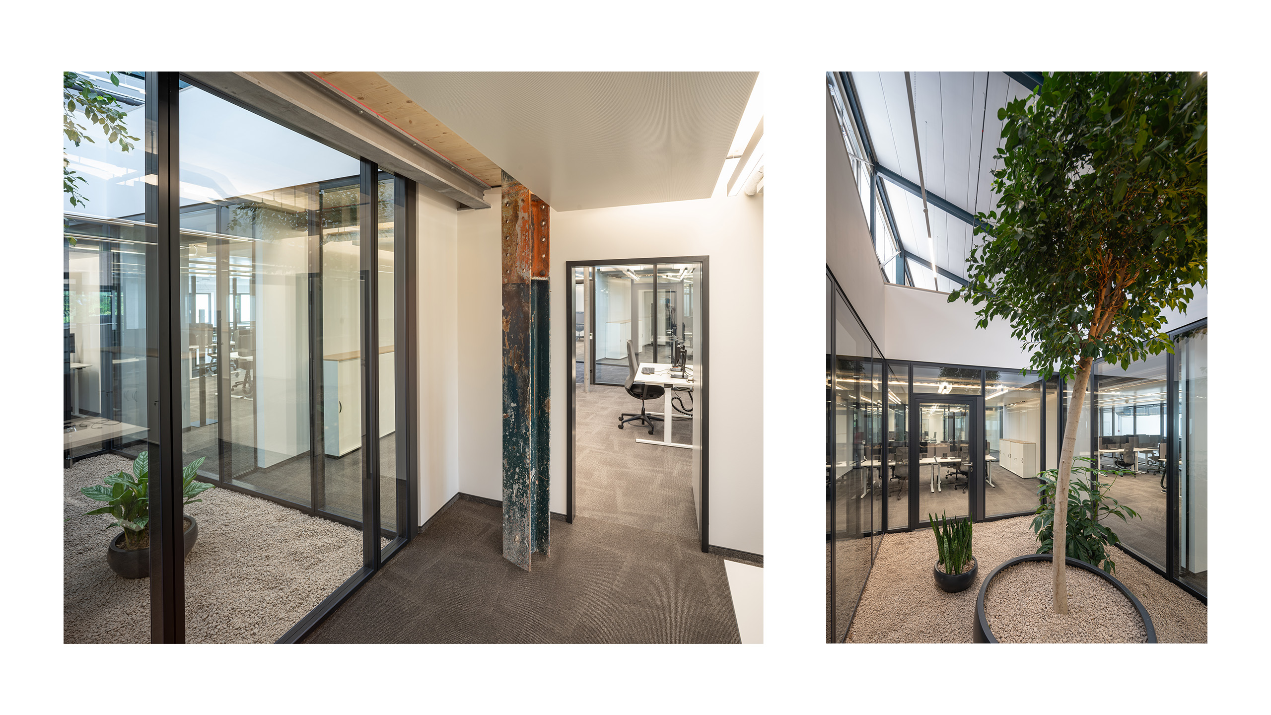 NOVA 10 in Neufahrn bei München – Revitalisierung einer ehemaligen Produktionshalle zu einer modernen, lebendigen Bürolandschaft durch Bottler_Lutz Architekten BDA, München. Das Projekt steht beispielhaft für hochwertiges Bauen im Bestand und zeigt die Transformation industrieller Architektur in flexible, zeitgemäße Arbeitsräume. Fotografie: Michael Heinrich.