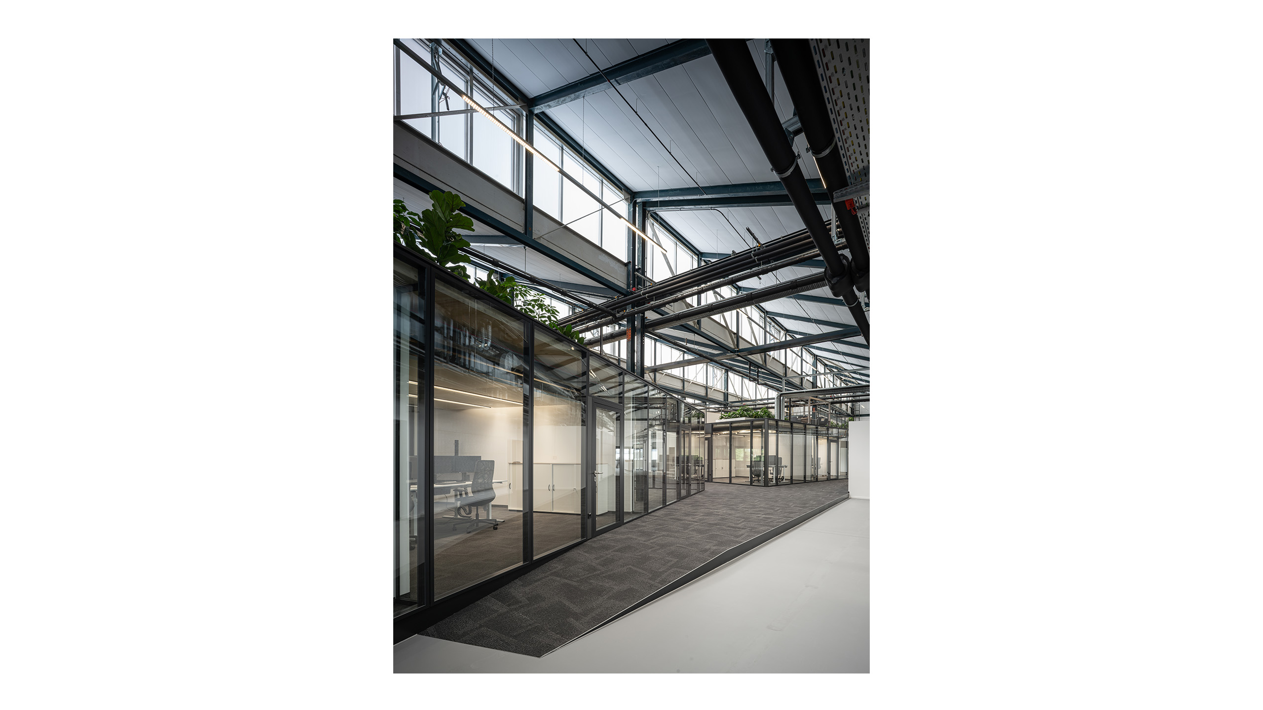 NOVA 10 in Neufahrn bei München – Revitalisierung einer ehemaligen Produktionshalle zu einer modernen, lebendigen Bürolandschaft durch Bottler_Lutz Architekten BDA, München. Das Projekt steht beispielhaft für hochwertiges Bauen im Bestand und zeigt die Transformation industrieller Architektur in flexible, zeitgemäße Arbeitsräume. Fotografie: Michael Heinrich.