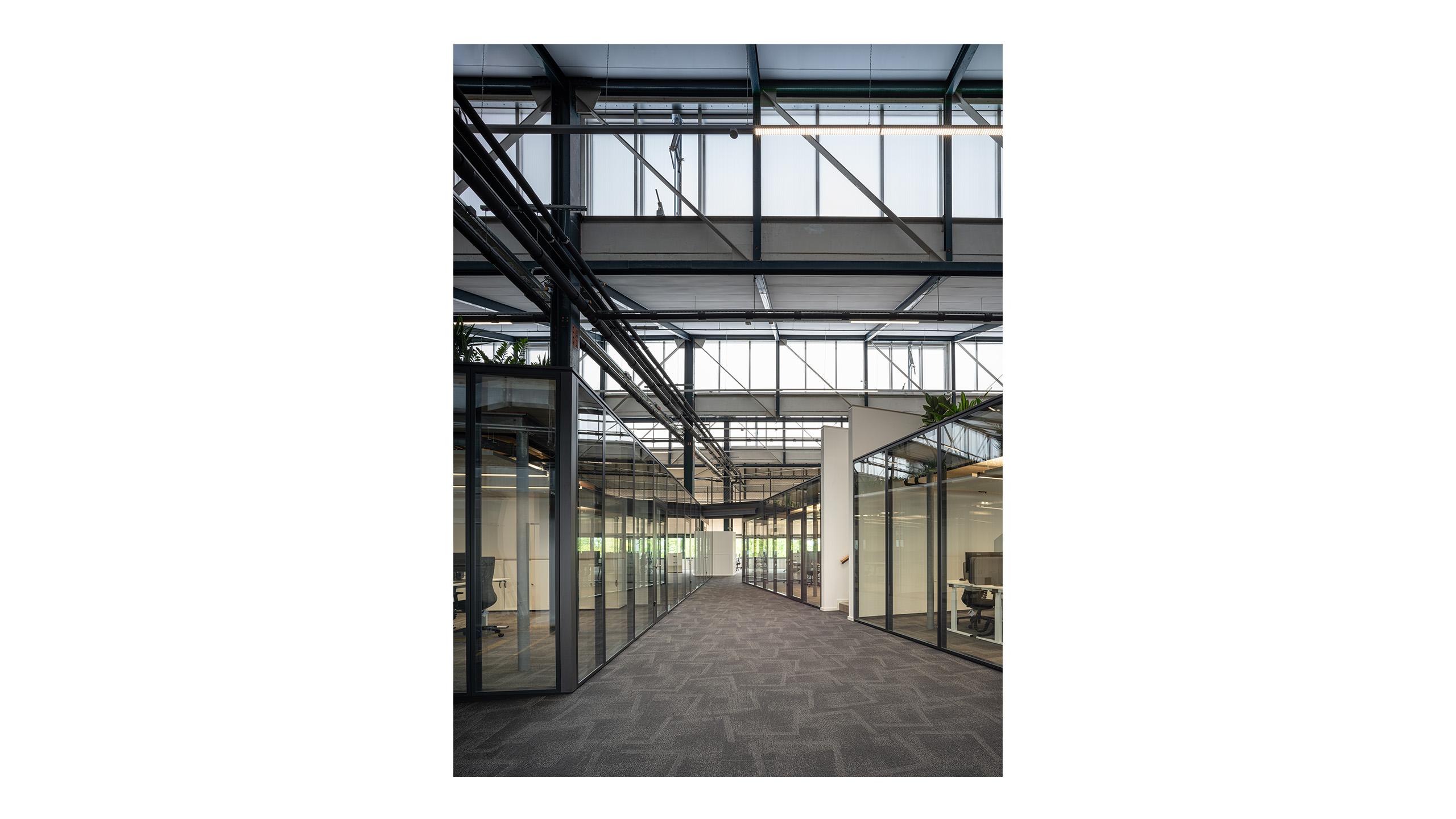 NOVA 10 in Neufahrn bei München – Revitalisierung einer ehemaligen Produktionshalle zu einer modernen, lebendigen Bürolandschaft durch Bottler_Lutz Architekten BDA, München. Das Projekt steht beispielhaft für hochwertiges Bauen im Bestand und zeigt die Transformation industrieller Architektur in flexible, zeitgemäße Arbeitsräume. Fotografie: Michael Heinrich.