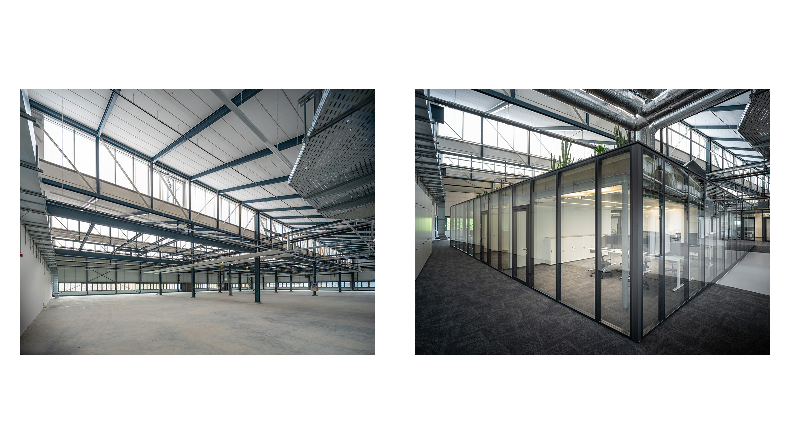 NOVA 10 in Neufahrn bei München – Revitalisierung einer ehemaligen Produktionshalle zu einer modernen, lebendigen Bürolandschaft durch Bottler_Lutz Architekten BDA, München. Das Projekt steht beispielhaft für hochwertiges Bauen im Bestand und zeigt die Transformation industrieller Architektur in flexible, zeitgemäße Arbeitsräume. Fotografie: Michael Heinrich.