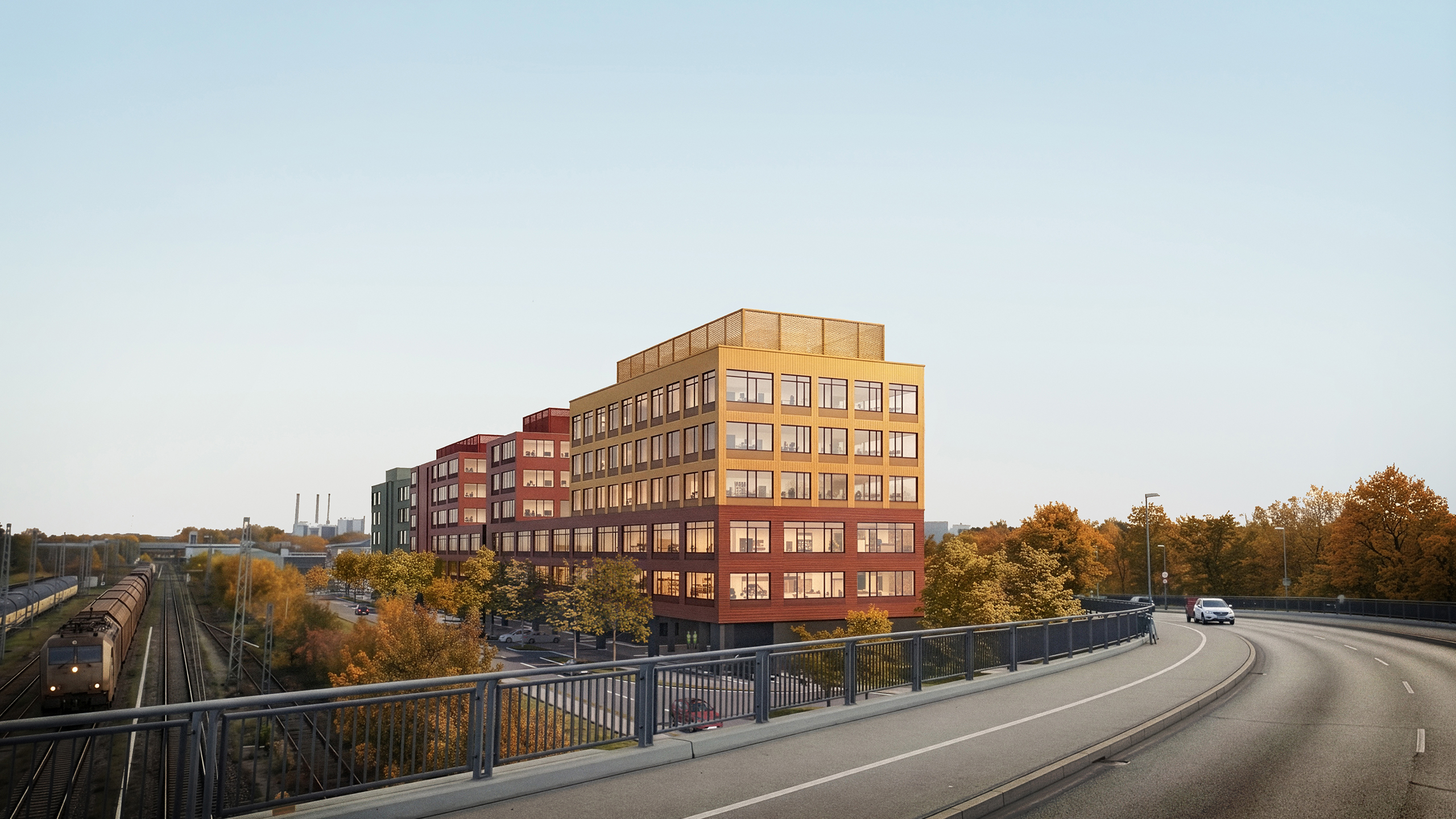 Neue Schmiede am Frankfurter Ring 227 in München – Visualisierung eines produktiven Stadtquartiers mit Gewerbe-, Büro- und begrünten Freiräumen