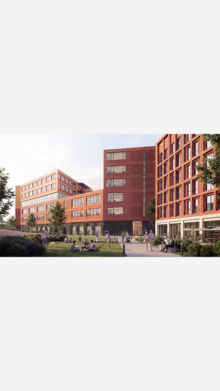 Neue Schmiede am Frankfurter Ring 227 in München – Visualisierung eines produktiven Stadtquartiers mit Gewerbe-, Büro- und begrünten Freiräumen