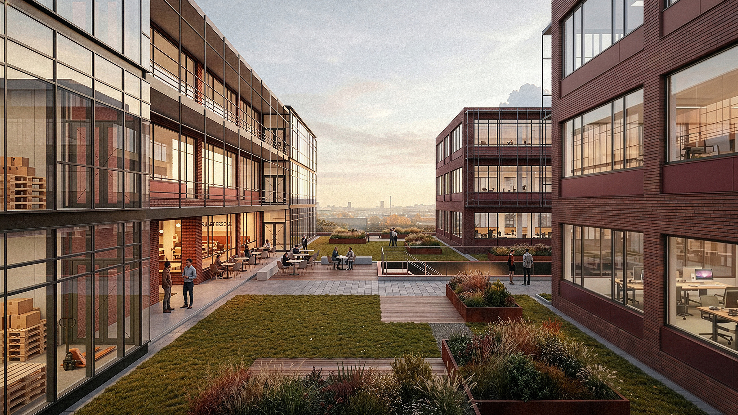 Neue Schmiede am Frankfurter Ring 227 in München – Visualisierung eines produktiven Stadtquartiers mit Gewerbe-, Büro- und begrünten Freiräumen