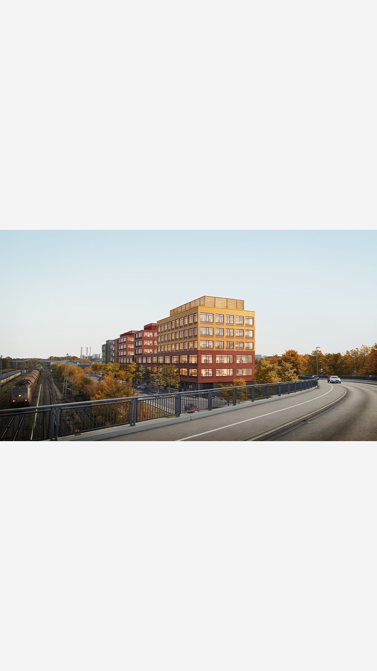 Neue Schmiede am Frankfurter Ring 227 in München – Visualisierung eines produktiven Stadtquartiers mit Gewerbe-, Büro- und begrünten Freiräumen