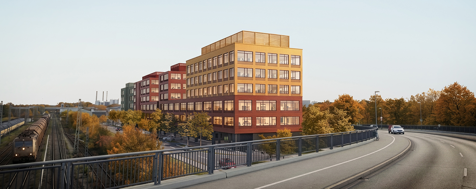 Neue Schmiede am Frankfurter Ring 227 in München – Visualisierung eines produktiven Stadtquartiers mit Gewerbe-, Büro- und begrünten Freiräumen