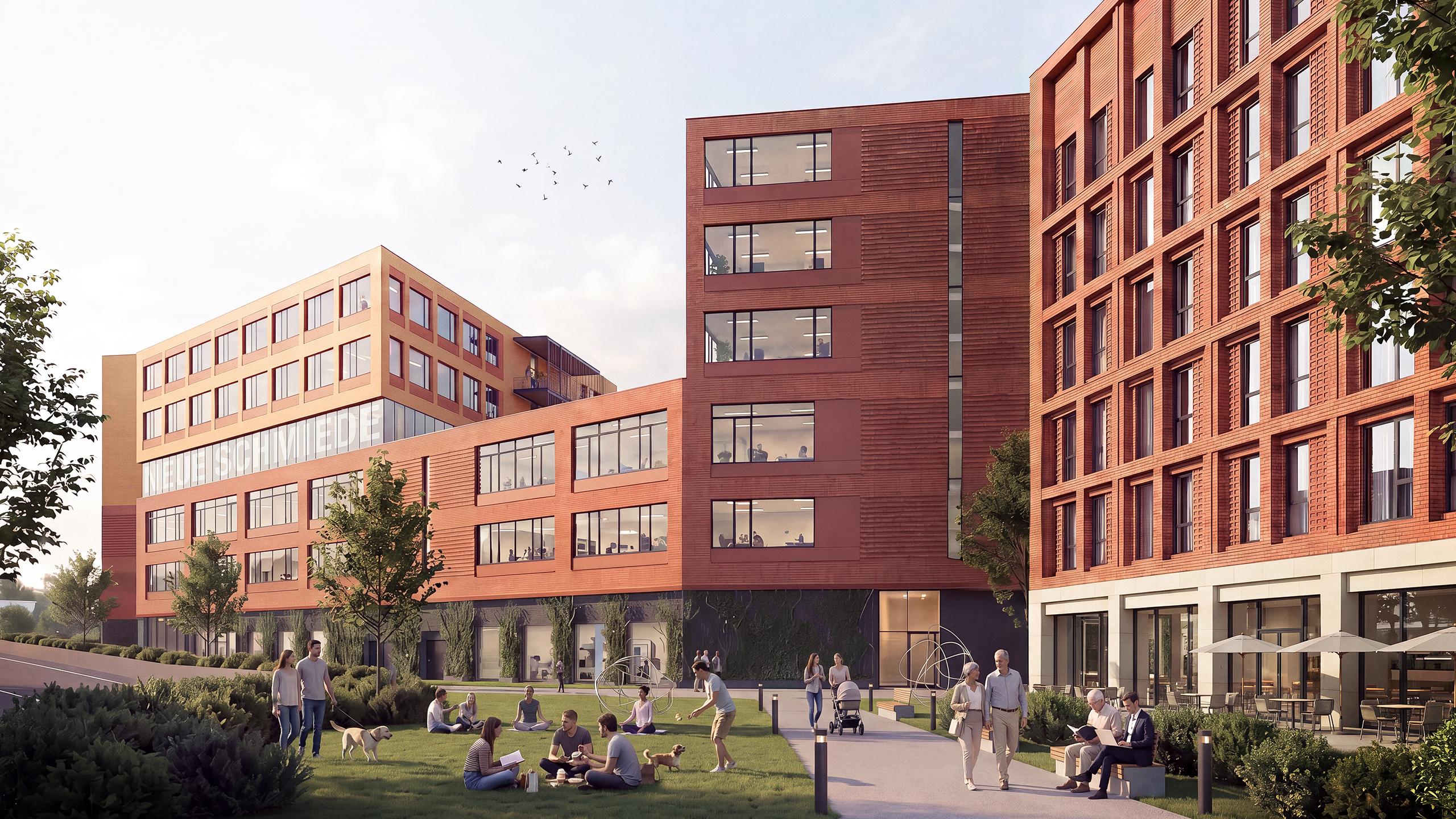 Neue Schmiede am Frankfurter Ring 227 in München – Visualisierung eines produktiven Stadtquartiers mit Gewerbe-, Büro- und begrünten Freiräumen