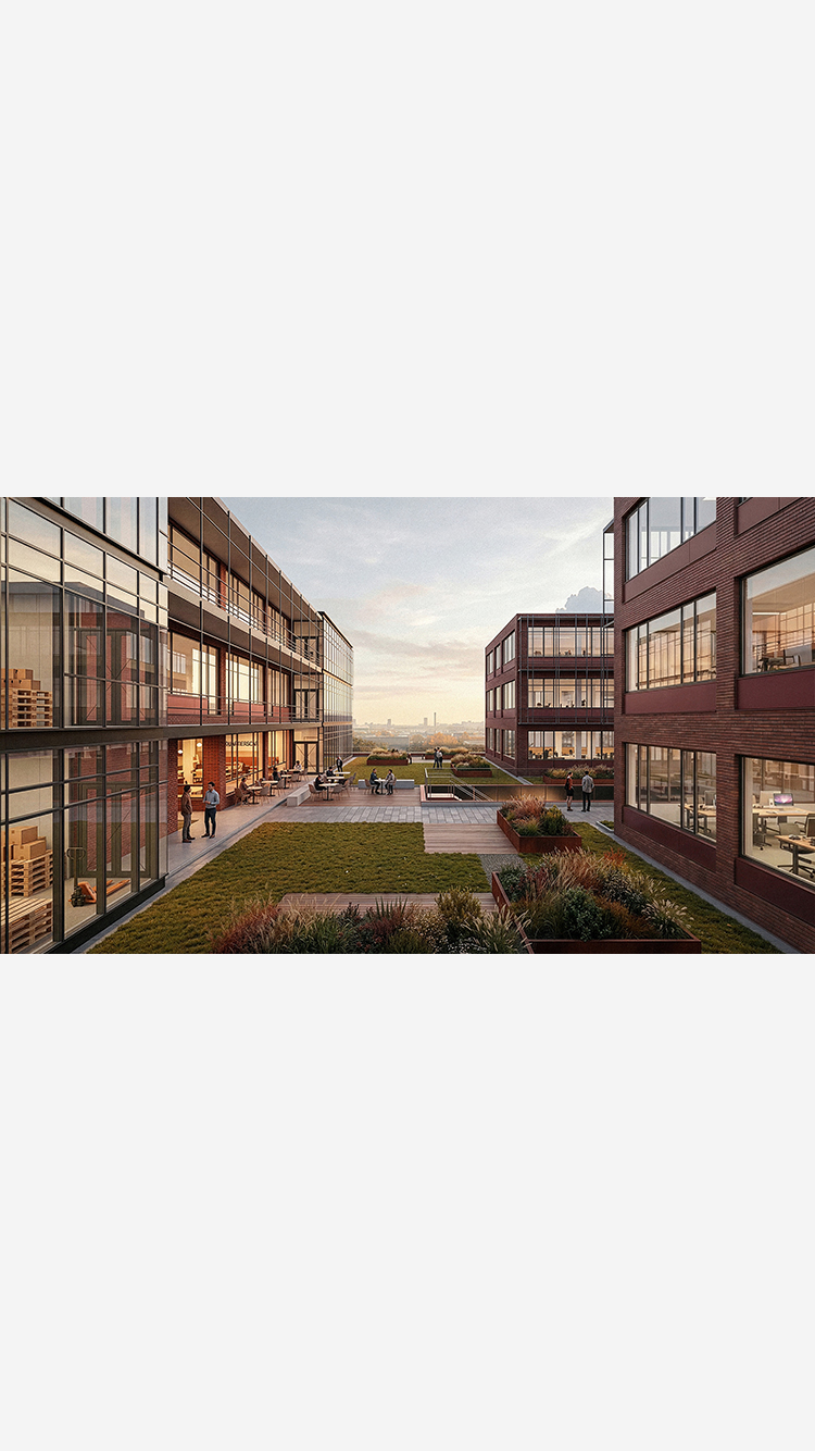Neue Schmiede am Frankfurter Ring 227 in München – Visualisierung eines produktiven Stadtquartiers mit Gewerbe-, Büro- und begrünten Freiräumen