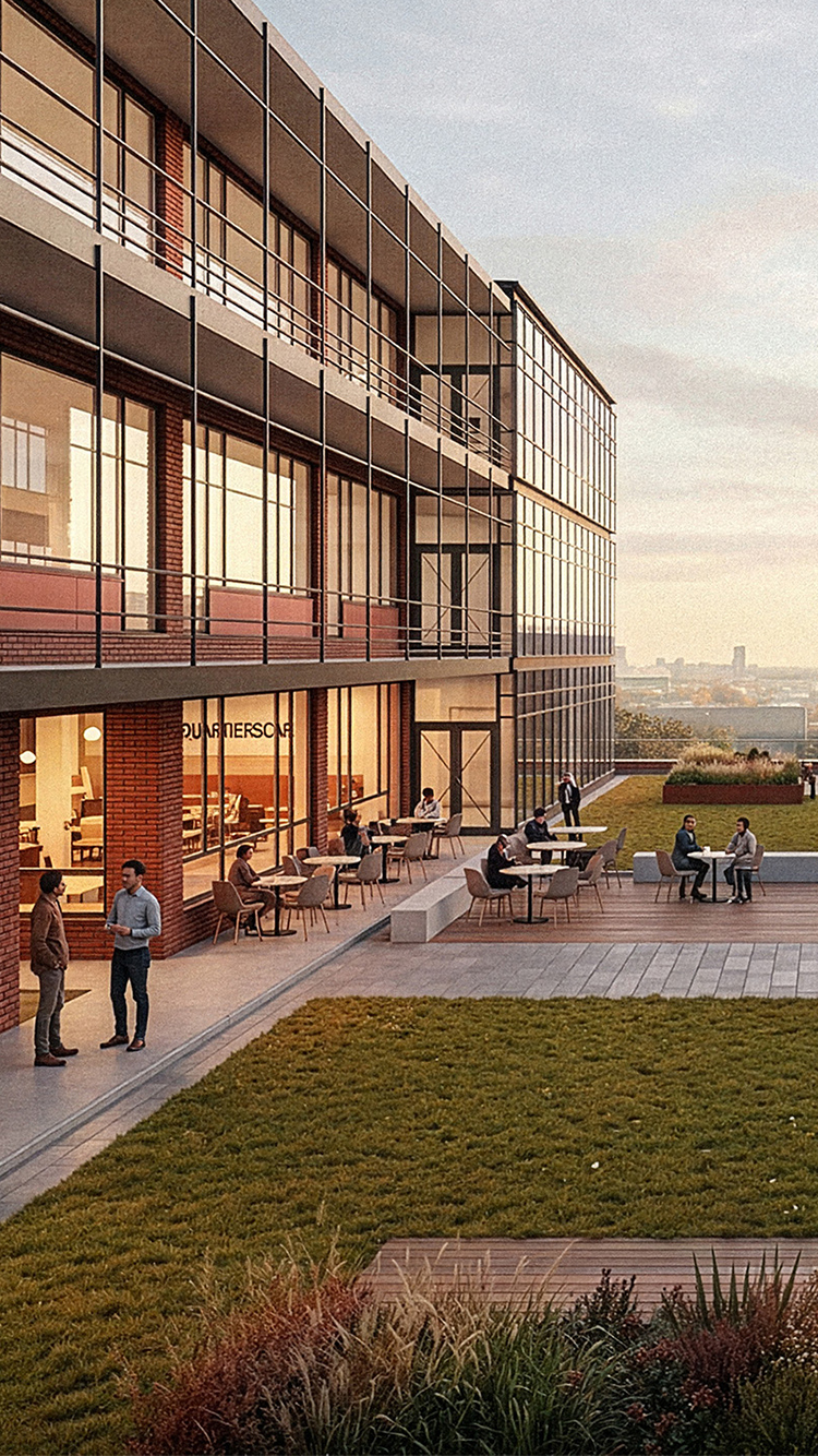 Neue Schmiede am Frankfurter Ring 227 in München – Visualisierung eines produktiven Stadtquartiers mit Gewerbe-, Büro- und begrünten Freiräumen