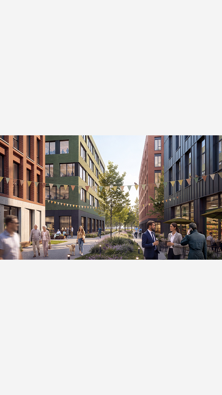 Neue Schmiede am Frankfurter Ring 227 in München – Visualisierung eines produktiven Stadtquartiers mit Gewerbe-, Büro- und begrünten Freiräumen