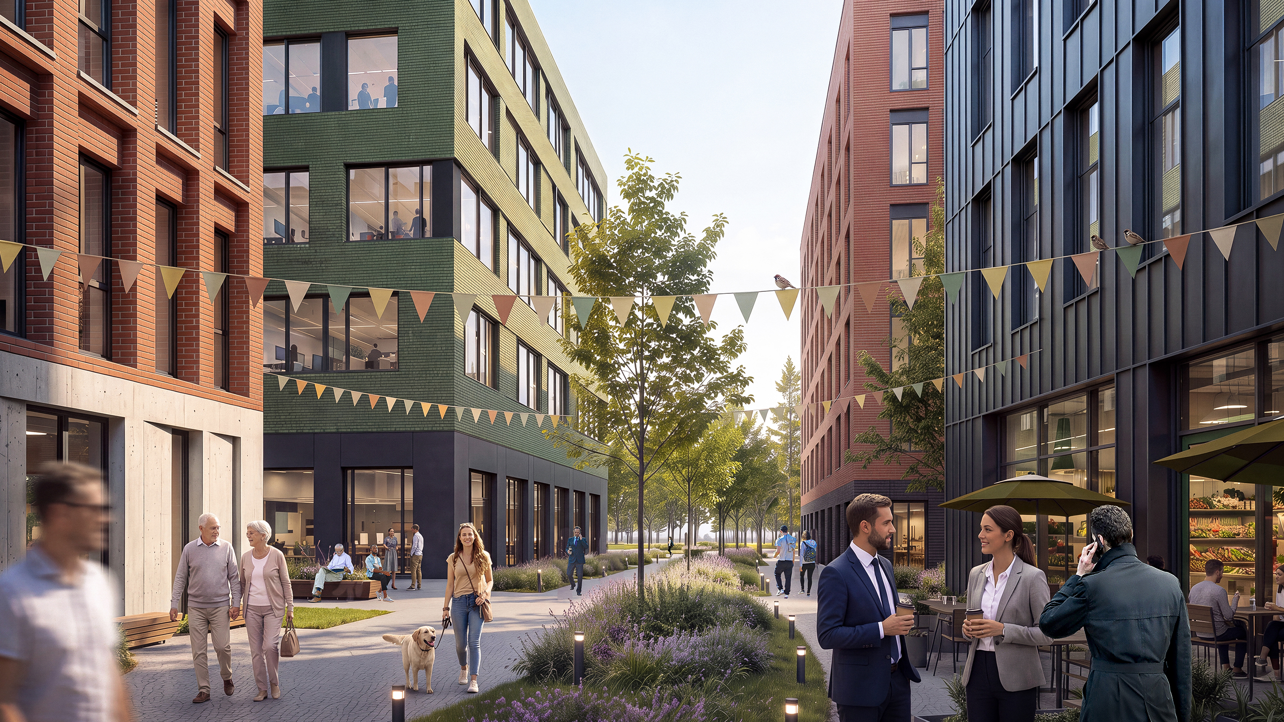 Neue Schmiede am Frankfurter Ring 227 in München – Visualisierung eines produktiven Stadtquartiers mit Gewerbe-, Büro- und begrünten Freiräumen